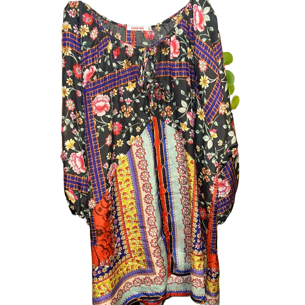 Johnny Was SZ L. Vibrant Floral and Patterned 100% Silk Blouse